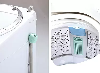 ふろ水ホース（左）や糸くずフィルター（右）にも抗菌加工