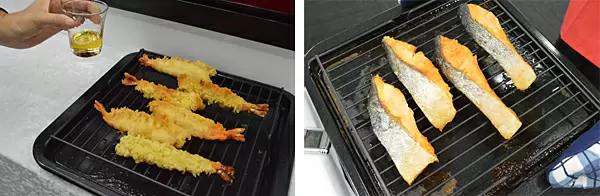 エビの天ぷらから落ちた大量の油（左）とサケの塩焼きから落ちた塩