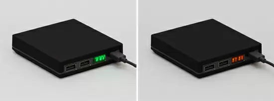LEDは、通常充電時はグリーン、急速充電時はオレンジ色に光る