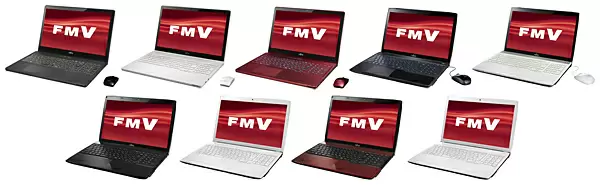 上段「LIFEBOOK AH77/M」（左3台）と「LIFEBOOK AH56/M」（右2台）、下段「LIFEBOOK AH53/M」（左3台）と「LIFEBOOK AH42/M」
