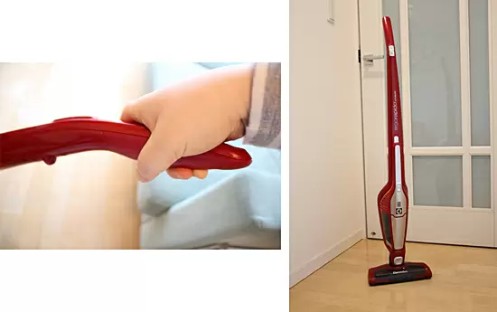 ハンドルは自然に持てるデザイン。自立するので掃除中に立てることができる