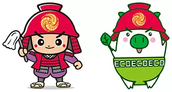 PRキャラクターの「ふくおか官兵衛くん」（左）とゆるキャラ「エコトン」 