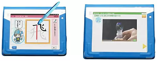専用タブレット端末の使用イメージ。小学4年の国語・漢字の学習（左）と理科の実験動画