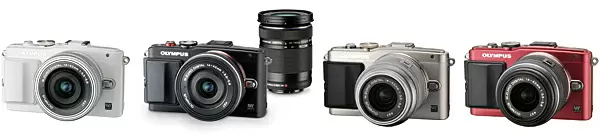 「OLYMPUS PEN Lite E-PL6」。左から、「EZレンズキット（ホワイト）」「EZダブルズームキット（ブラック）」「レンズキット（シルバー/レッド）」