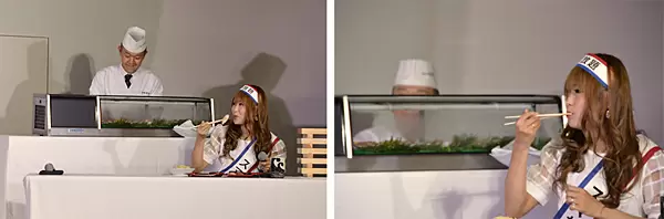 お寿司とともに登場するギャル曽根さん