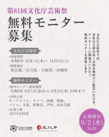 2026年10月1日から12月5日までの約2か月、東京都・石川県・大阪府・沖縄県で「第81回文化庁芸...