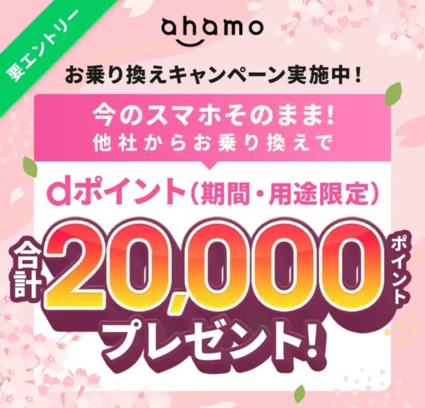 ahamoへのお乗り換えでdポイントプレゼントキャンペーン 最大合計20,000ポイント付与