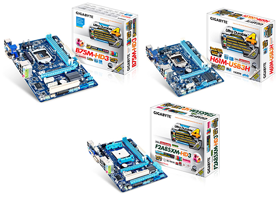 左上から「GA-B75M-HD3」「GA-H61M-USB3H」「GA-F2A85XM-HD3」