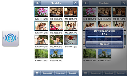 アプリ「FlashAir」のアイコンとiPhoneでのスクリーンショット
