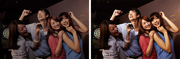 薄暗い場所でも明るく自然な画質になる(右)