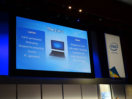 ノートPCとタブレット端末で、それぞれできることを整理。その両方を実現する新しいスタイルとして「2-in-1デバイス」を提唱した