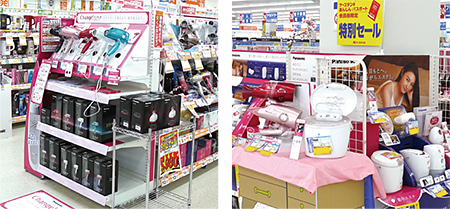 郊外店は理美容コーナーの工夫で近隣に住む主婦層を固定客として確保(左からコジマNEWイオン西岡店、ケーズデンキ月寒店)
