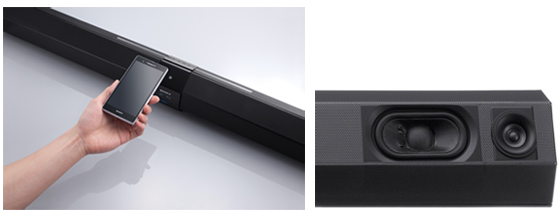 かざしてスマートフォンと連携/中高域用メインスピーカー(左)と高域用トゥイーター(右)