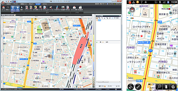 「スーパーマップル・デジタル14」の地図データを「Super Mapple Digital for Android」に転送して閲覧できる