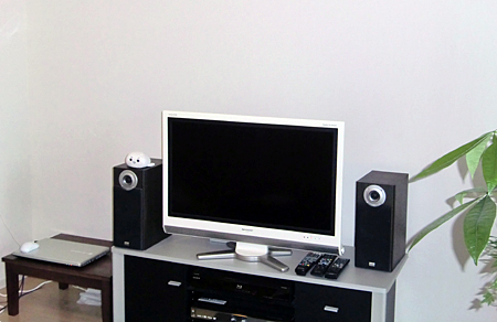 約12畳のLDに設置した液晶テレビ。キッチンからカウンター越しに見ることができる