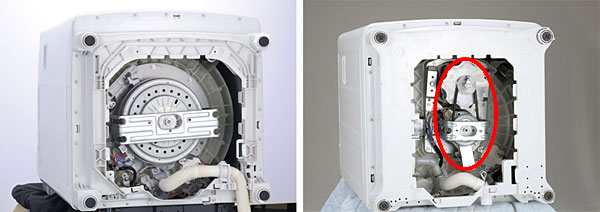 「AW-90SVM」のモーター(左)と2012年度機種「AW-70GL」のモーター(右)