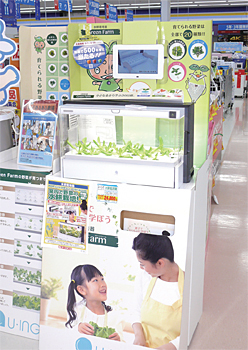 ケーズデンキ水戸内原店は入り口に水耕栽培機を設置して子どもの興味を引く