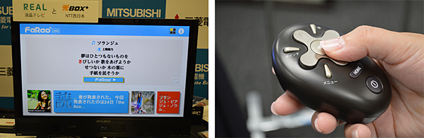 (左)音楽と連動して歌詞を表示する(右)使いやすさにこだわったシンプルなリモコン