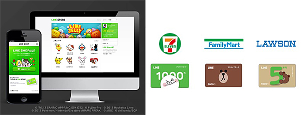 「LINE Web Store」のイメージ（左）と「LINE Web Store」内で使用できるプリペイドカード