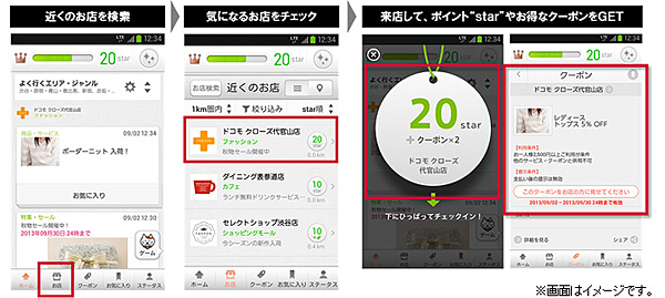 お店検索からチェックインまでのアプリ画面