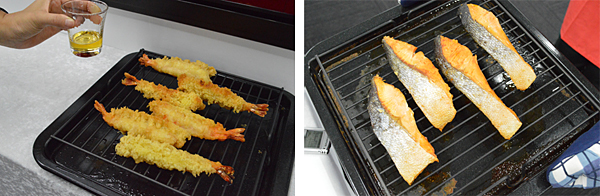 エビの天ぷらから落ちた大量の油(左)とサケの塩焼きから落ちた塩