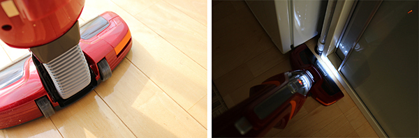 前モデルから2倍大きくなったラージ・ホイール。LEDライトで暗い場所でも掃除しやすい