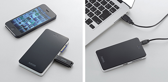 USBメモリにも対応。付属のUSBケーブルを接続すれば、通常のカードリーダーとしても使える