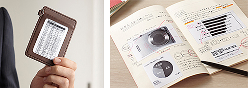 「ココドリ」専用ロール紙の印刷例（左からメモタイプ、ふせんタイプ）