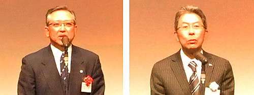 キングジムの宮本彰社長（左）、エディオンの岡嶋昇一副会長