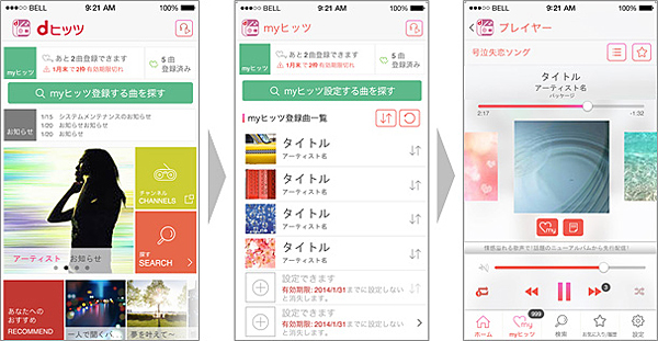 「dヒッツ」の画面イメージ(左から、ホーム画面、「myヒッツ」機能、再生画面)