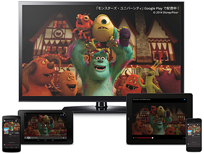 専用アプリで設定するだけで、手持ちのスマートフォンやタブレット端末、パソコンから、オンラインコンテンツをテレビ画面に映すことができる