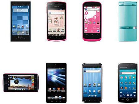 「102P」「MEDIAS CH 101N」「AQUOS PHONE THE HYBRID 101SH」「AQUOS PHONE THE HYBRID 007SH」。「DELL Streak 001DL」「AQUOS PHONE 102SHII」「Dell Streak Pro 101DL」「AQUOS PHONE THE PREMIUM 009SH」
