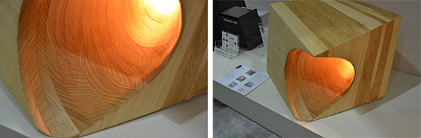 檜の板を重ねることでまるで地層のように見える