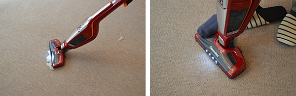 カーペットの上でもスムーズ(左)。ブラシの詰まりを解消する「ブラシロールクリーン機能」