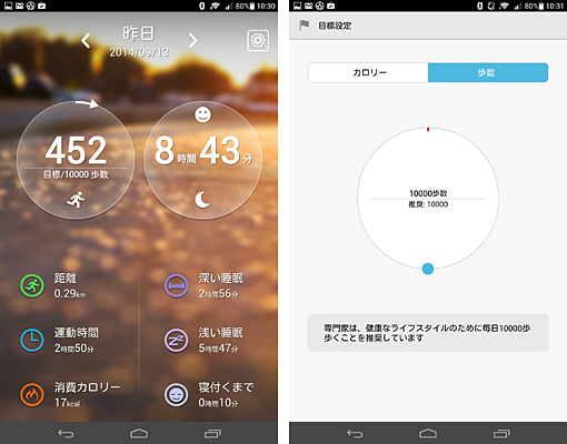 歩数や運動した距離、睡眠時間などを一覧表示