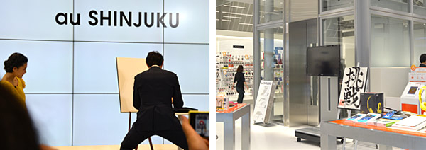 力一杯「挑戦」という文字を書く松岡さん、格言は1階フロアに展示