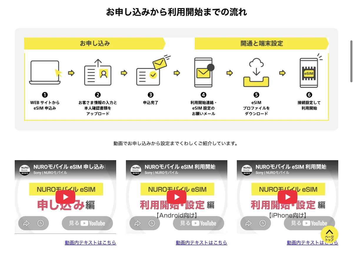 NUROモバイルのeSIMの公式案内を表示した公式サイト画面