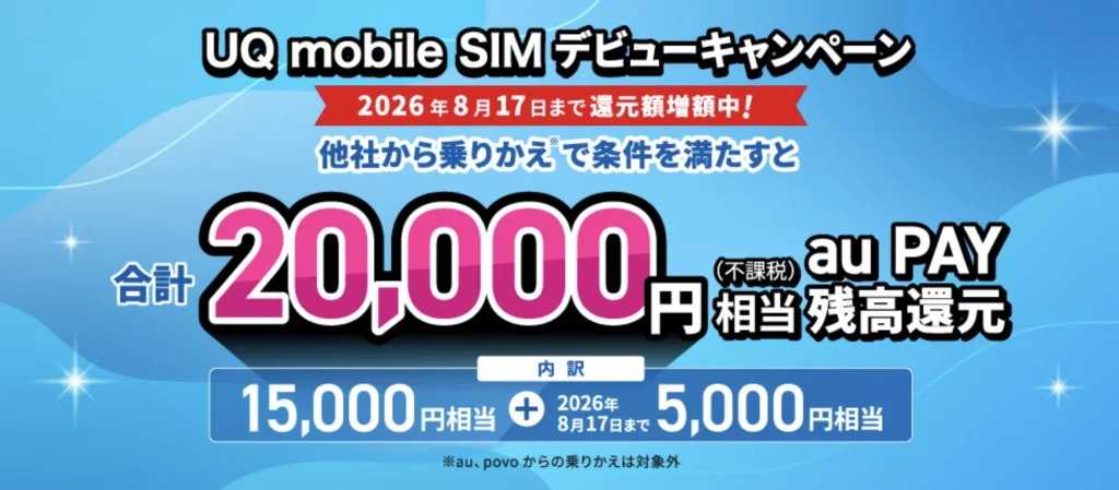 UQモバイルの乗り換え時・キャッシュバックのキャンペーン　SIMデビューキャンペーン