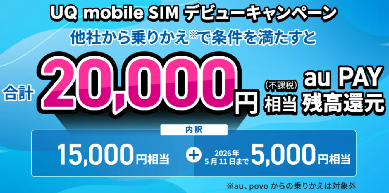 UQモバイルの乗り換え時・キャッシュバックのキャンペーン SIMデビューキャンペーン